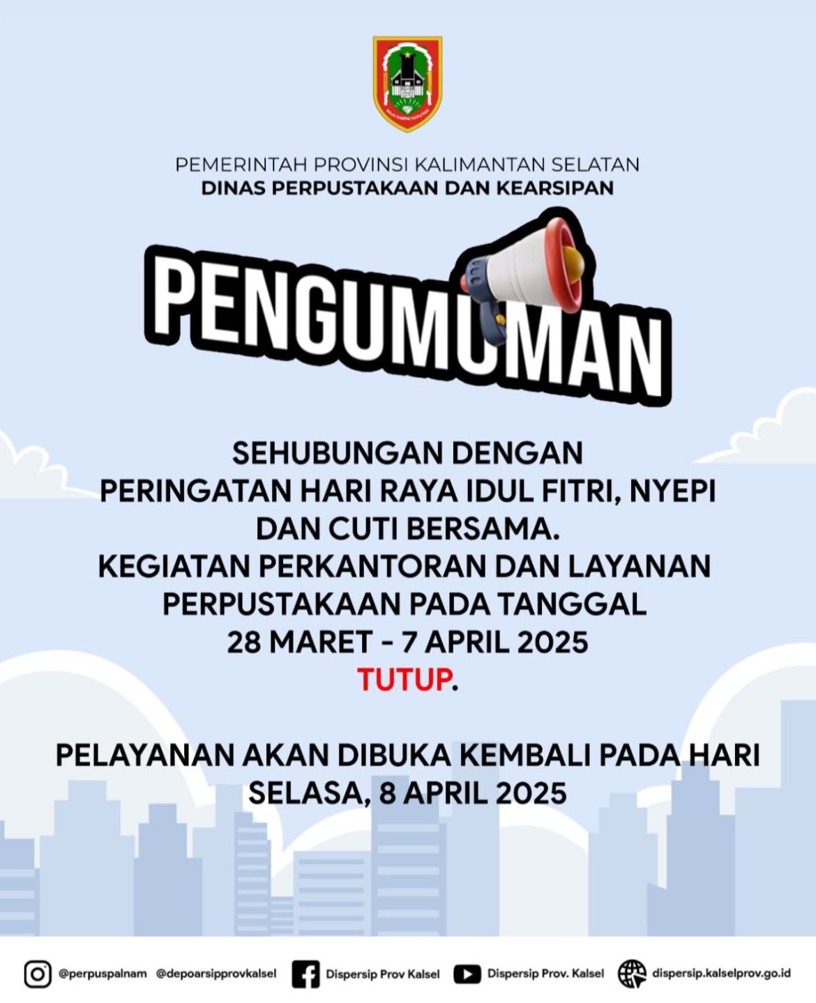 Layanan Dispersip Kalsel Tutup Sementara Selama Lebaran dan Cuti Bersama, Buka kembali 8 April 2025