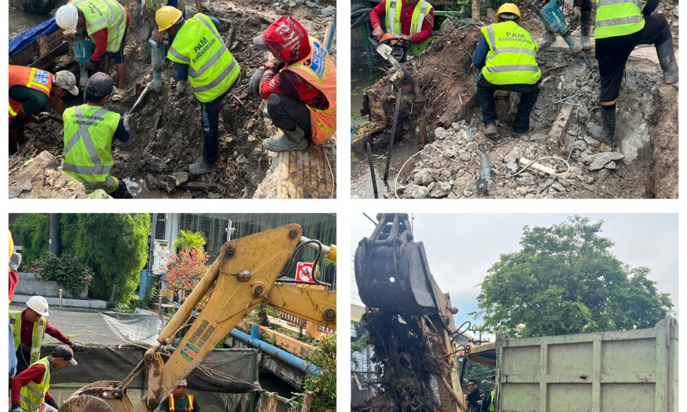Perbaikan Pipa Bocor di Depan Duta Mall Terkendala Bekas Pondasi Baliho dan Akar Pohon