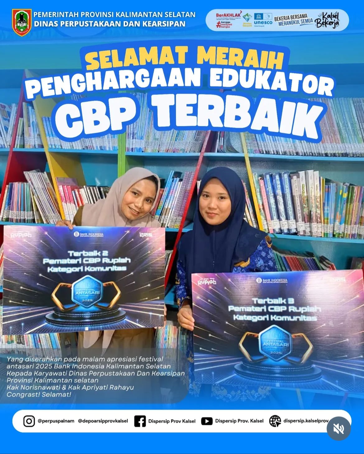 Dua Karyawati Dispersip Kalsel Raih Penghargaan Edukator CBP Terbaik di Festival Antasari 2025