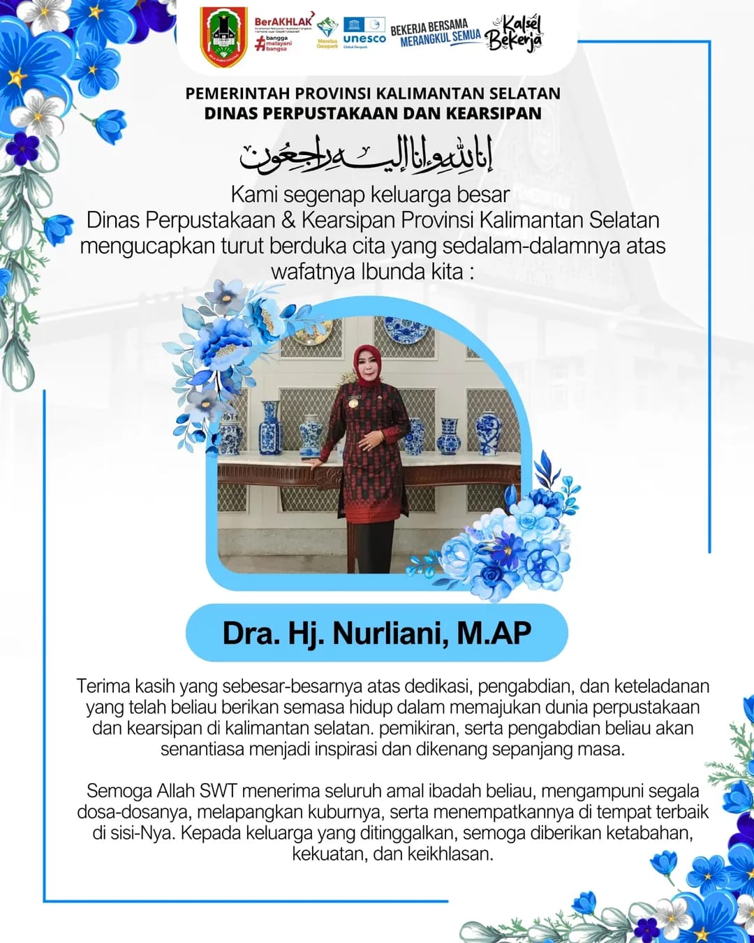 Innalillahi Wa Inna Ilaihi Raji’un, Mantan Kadispersip Kalsel Dra. Hj. Nurliani Tutup Usia