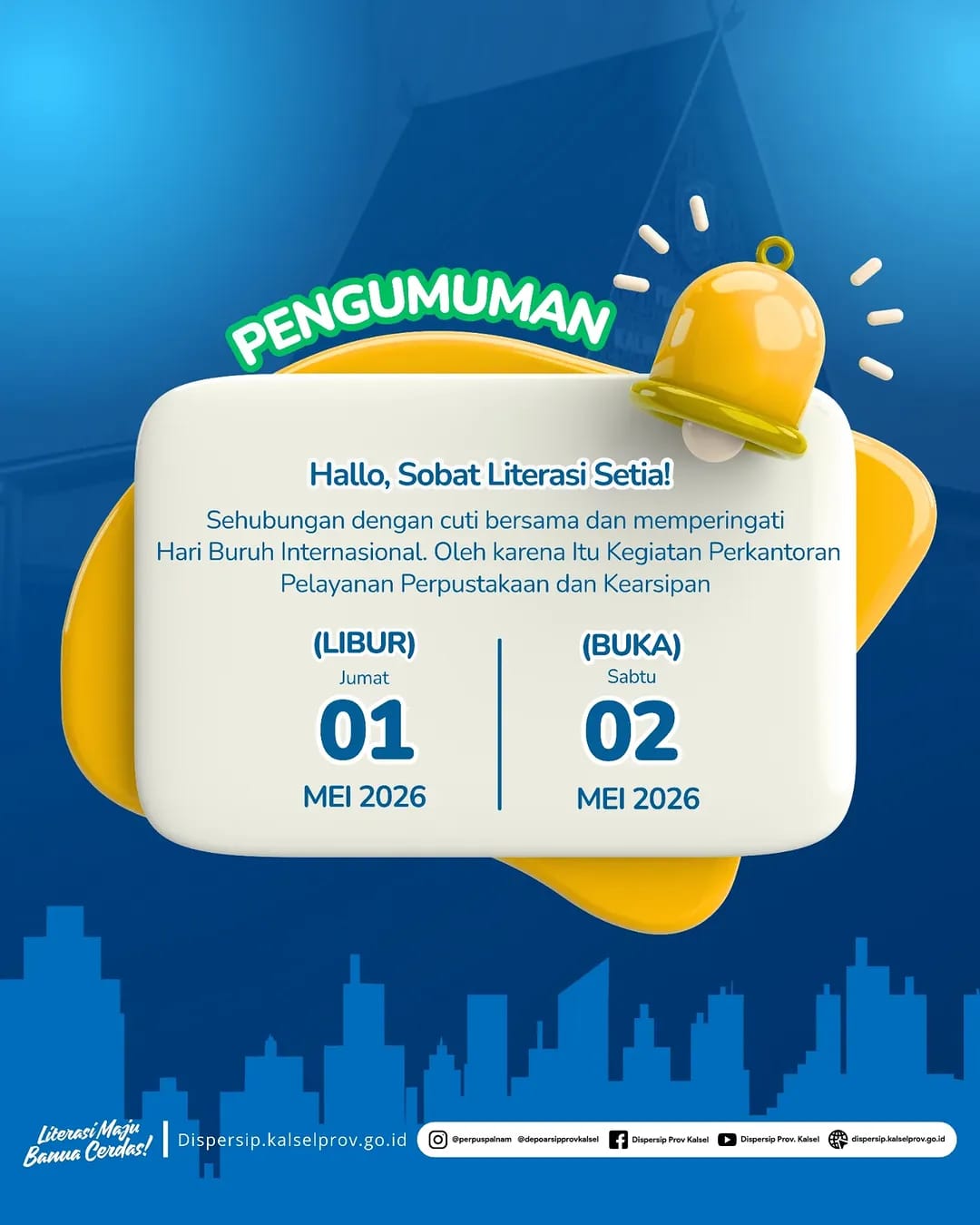 Dispersip Kalsel Umumkan Penyesuaian Jam Layanan Saat Libur Hari Buruh Internasional