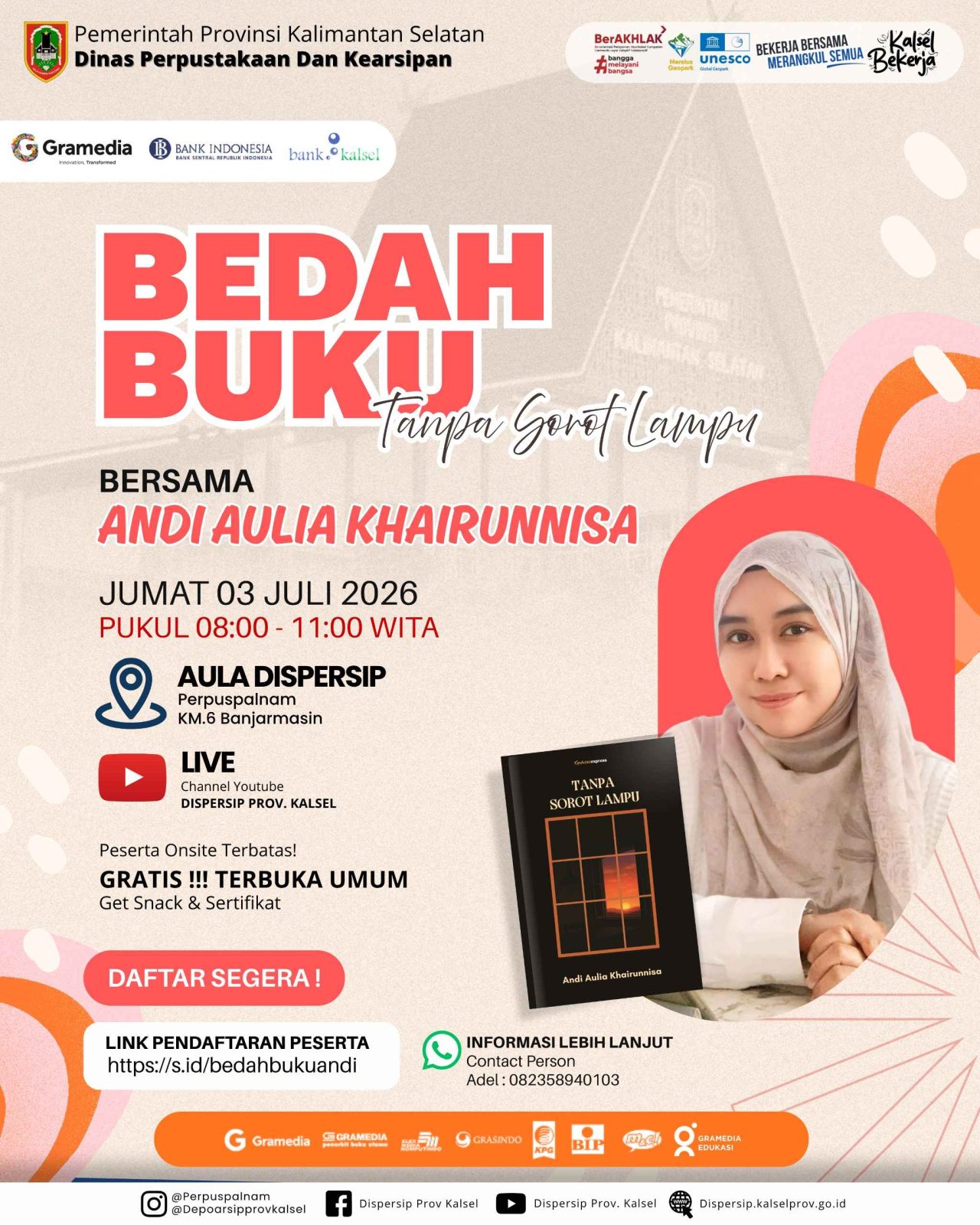 Dispersip Kalsel Gelar Bedah Buku Tanpa Sorot Lampu, Hadirkan Penulis Andi Aulia Khairunnisa