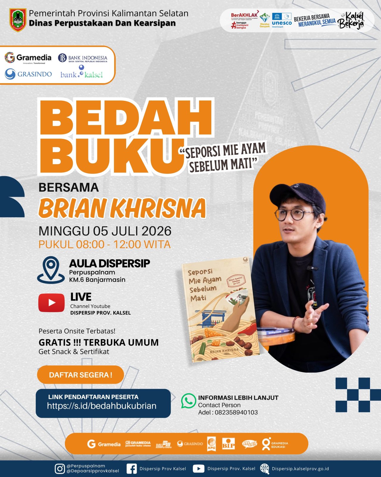 Bedah Buku Brian Khrisna Hadir di Banjarmasin, Dispersip Kalsel Ajak Masyarakat Tingkatkan Budaya Literasi