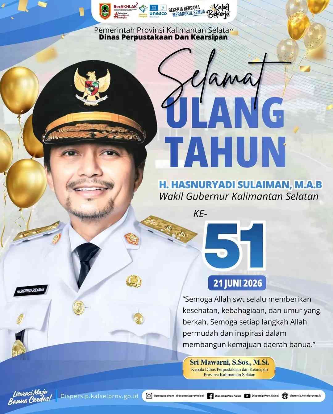 Wagub Kalsel H. Hasnuryadi Sulaiman Genap 51 Tahun, Dispersip Kalsel Sampaikan Doa dan Harapan Terbaik